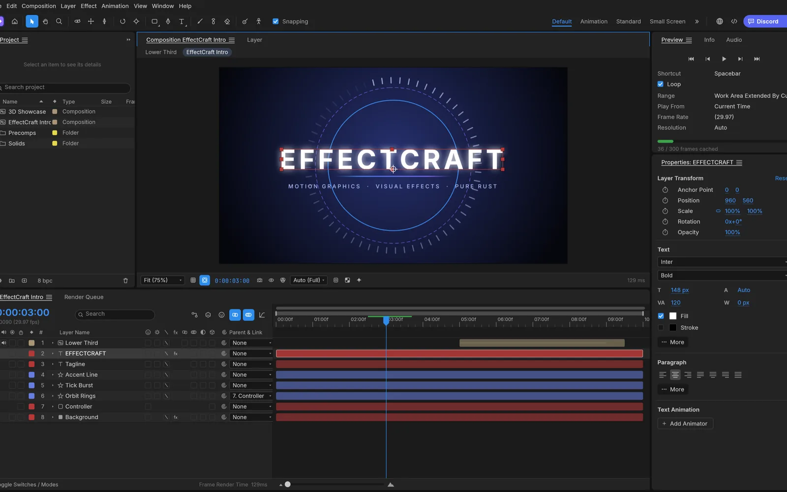 EffectCraft with a title animation in the composition viewer and layers on the timeline