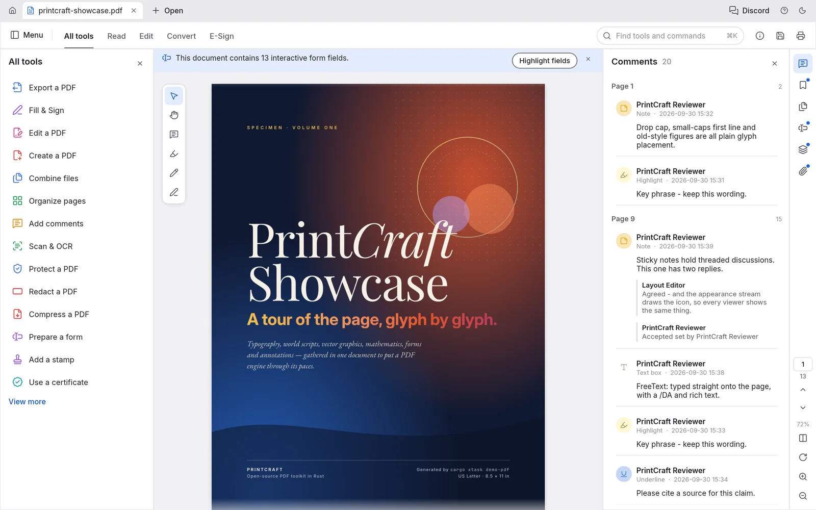 PdfCraft showing a document with the page thumbnails and tools panels
